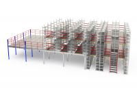 Стеллаж мезонинный трёхъярусный с двумя перекрытиями