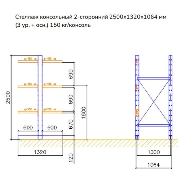 Стеллаж консольный двухсторонний СК 120, высотой 2500 мм