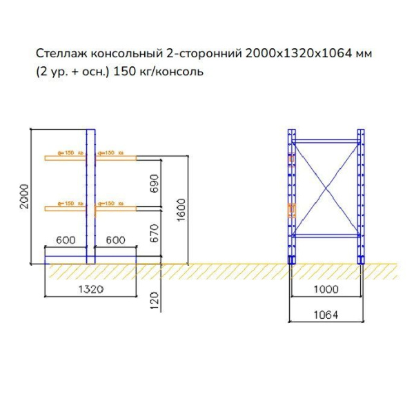 Стеллаж консольный двухсторонний СК 120, высотой 2000 мм